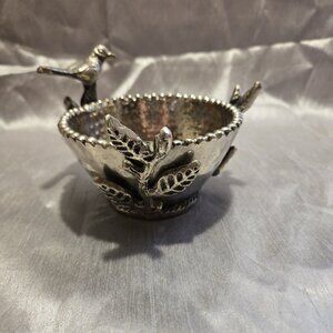 Vintage Metal Bowl Silver Tone w/bird Leaves.5” Dia. 3.5” H